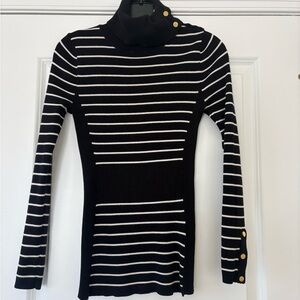 Cache Black and White Striped Turtleneck Sweater